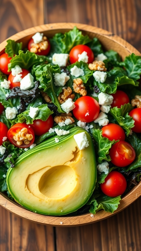 A colorful kale salad with cherry tomatoes, avocado, and feta cheese in a wooden bowl.